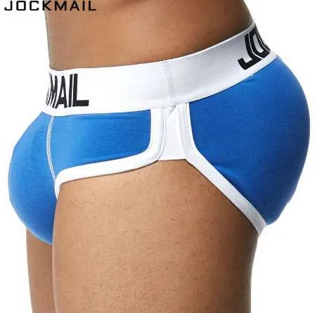Jockmail Brand Enhancing Mens Underkläder Briefs Sexig Bulge Gay Penis Pad Front + Back Magic Buttocks Double Removable Push Up Cup