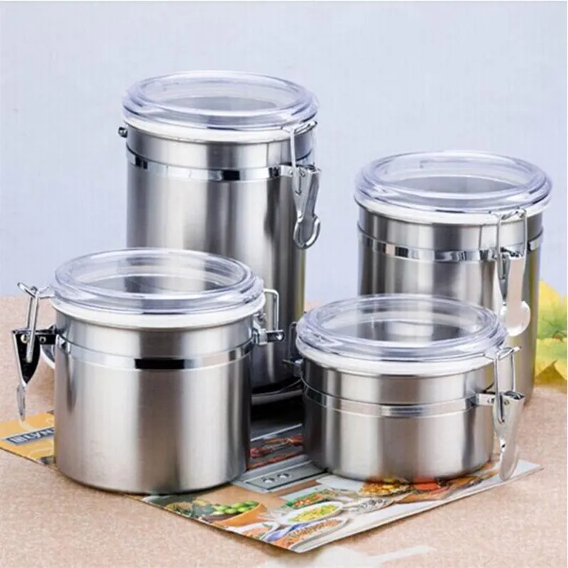 Boîte scellée en acier inoxydable café farine sucre porte-conteneur canettes Pots bouteilles de stockage pot couvercle Transparent