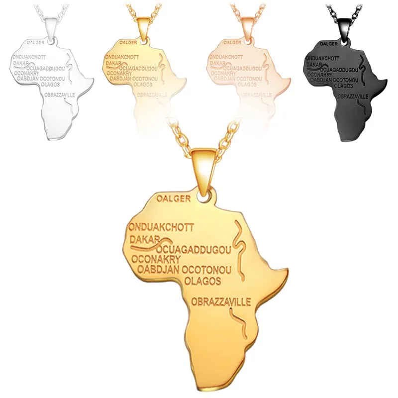 Hip Hop Afrique Carte Pendentif Collier Hommes s Or Argent Rose Or Noir Lettrage Carte Africaine charme Lien chaîne Pour les femmes Hiphop Bijoux