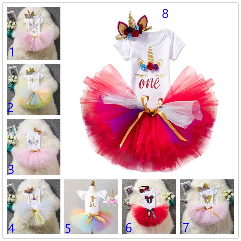 2020 Baby Girl Clothes 1st Födelsedagstårta Smash Outfits Infant Clothing 3pcs Sets Romper + Tutu Kjol + Handgjorda Flower Cap Nyfödda Baby Passar