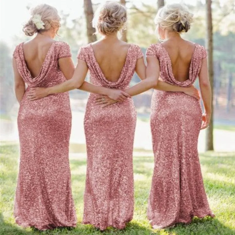 Cap Sleeves Pink Bridesmaid Dresses Stylish Draped Back Sequins Mermaid Long Bridesmaid Dresses Sexy Plus Size Sparkly 2018 Prom Dresses