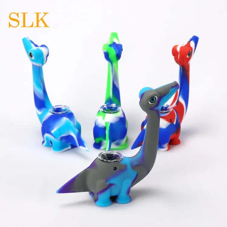 dinosaur shape Silicone Hammer Bubbler Smoking Hand Pipes Bong Dab Rig with Removable Glass Bowl Containter Colorfull