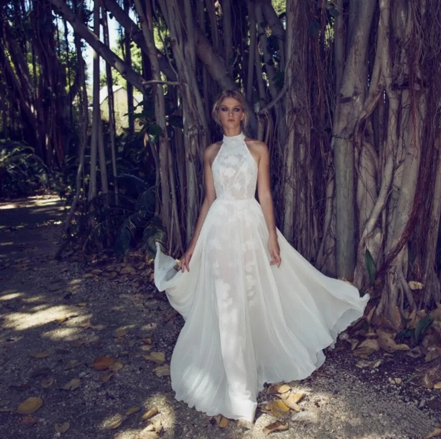 Limor Rosen 2018 robes de mariée de plage licou cou dos nu une ligne robes de mariée dentelle Vintage robe de mariée en mousseline de soie