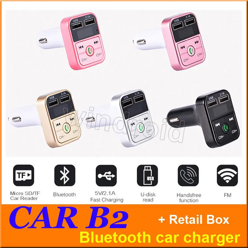 Cheapest CAR B2 Multifunction Bluetooth Transmitter 2.1A Dual USB Car charger FM MP3 Player Car Kit Support TF Card Handsfree + retail box