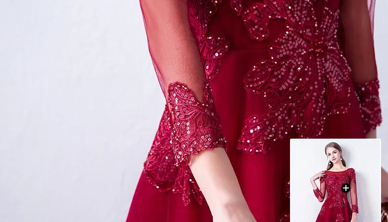 Robes de soirée magnifiques rouge foncé manches trois-quarts fermeture éclair dos balayage train plis tulle applique florale avec robe de soirée perles