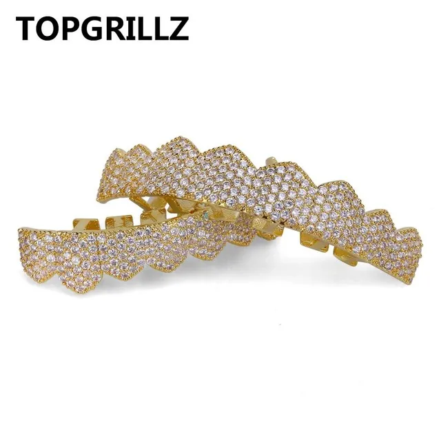 TOPGRILLZ Micro Pave Cubic Zircon Custom Fit Oro argento Colore Iced Out Hip Hop Denti Grillz Top Bottom Griglie denti Set