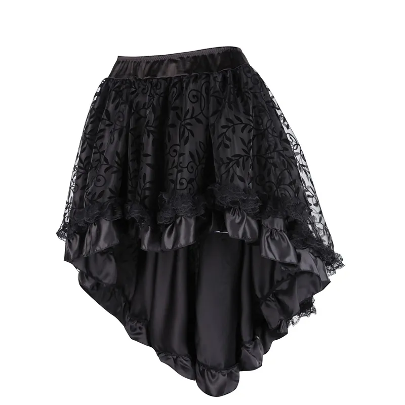 Steampunk Gothic Black Floral Flocking Tulle och Ruffled Victorian Kjol Kvinnor Fram Kort Bak Långa Asymmetriska Kjolar 8537