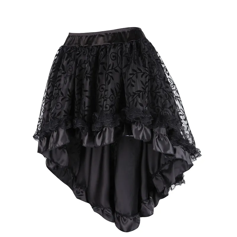 Steampunk Gothic Black Floral Flocking Tule en Geprupled Victoriaanse Rok Dames Voorzijde Korte Back Lange Asymmetrische Rokken 8537