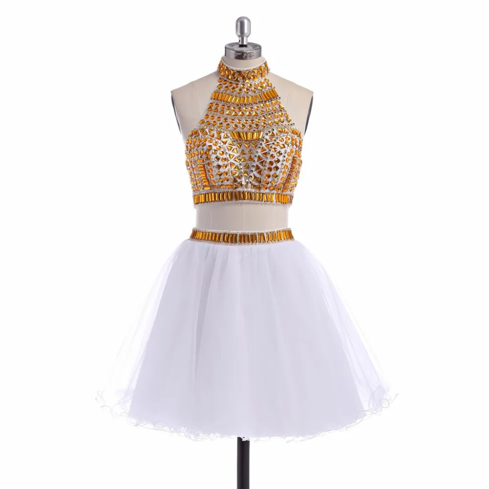 Spedizione gratuita oro bianco oro a due pezzi abiti quinceanera online cristallo in rilievo corto dolce abiti da ritorno a casa abiti da ballo da ballo hy978