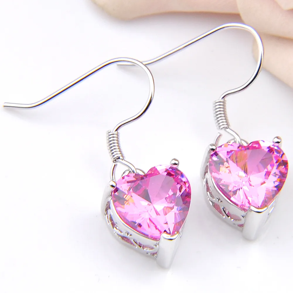 LuckyShine Crystal Zircon Heart Rosa Kunzite örhängen och hänge Kedja Halsband 925 Silver Kvinnor Mode Bröllop Set GRATIS FRAKT