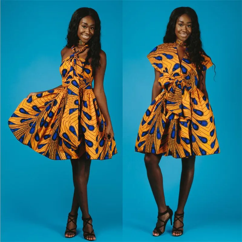 Sexy pfauenbedruckte afrikanische Abendkleider für Frauen im 2018-Stil mit Kreuzverband-Kleid für Damen, traditionelle afrikanische Kleidung