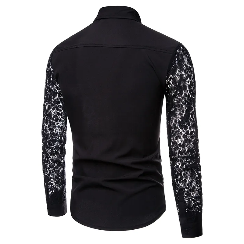 2018 New Autumn Black White Patchwork Lace Shirt Men Transparent Sexy Party Long Sleeve Dress Shirts camisa social masculina255g