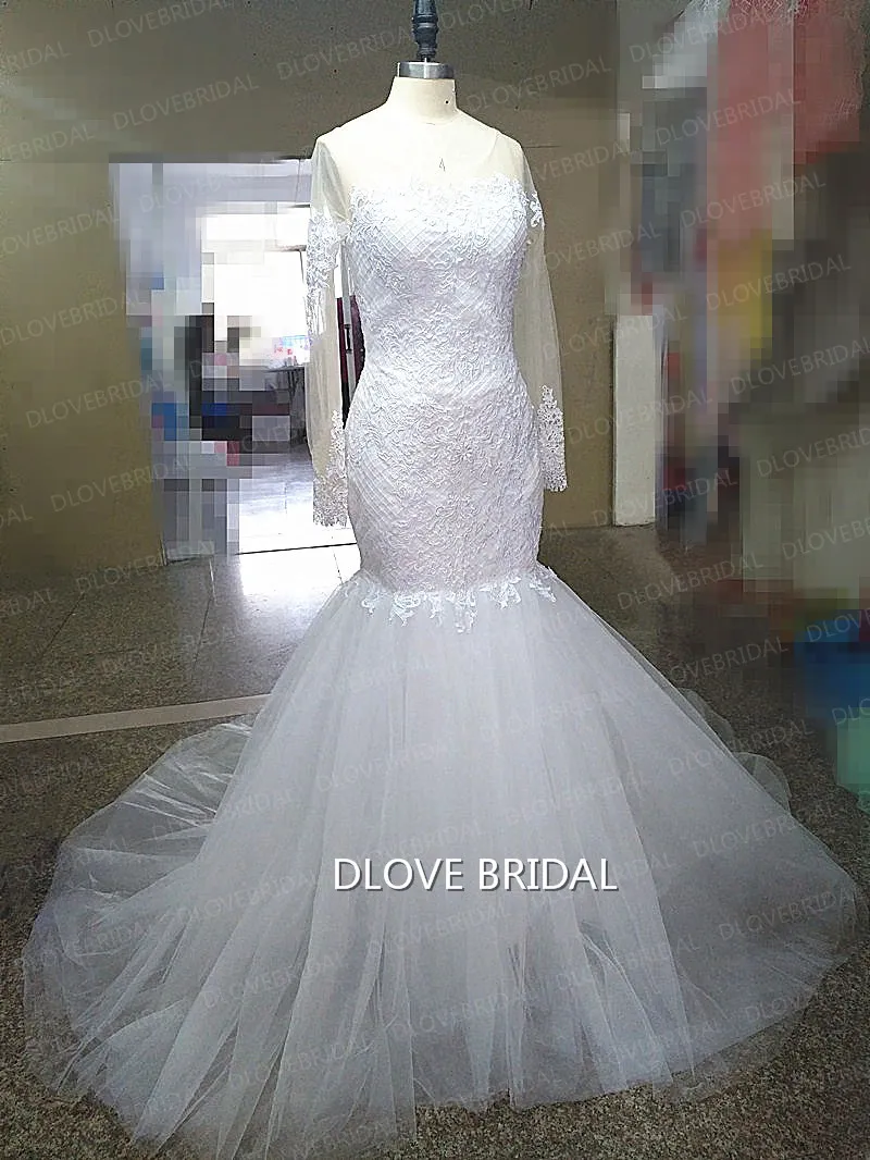 Nova chegada Romântica Tulle Sereia Vestidos de noiva com mangas compridas Ilusão Veja através do vestido de noiva Sexy Vestido de Novia R1780686