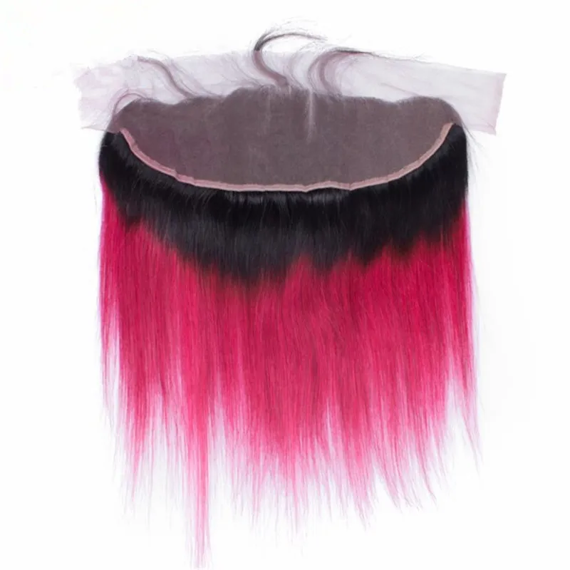 Brasilianska Ombre Rosa Virgin Human Hair 3 buntar handlar om 13x4 Lace Frontal Closure Rak 1b / Hot Pink Ombre Hair Weaves With Fronments