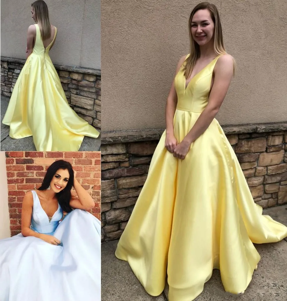 Elegant Backless Long Evening Dresses Party Prom Dress Sleeveless Deep V Neck Evening Gowns Plunging Neck 8th grade graduation dresses