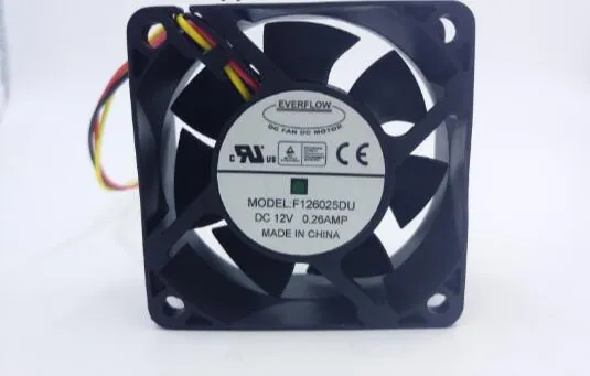 Original Authentic EverFlow F126025DU 6025 DC12V 0.26AMP 6cm 60 * 60 * 25 mm 3 Wire Cooling Fan