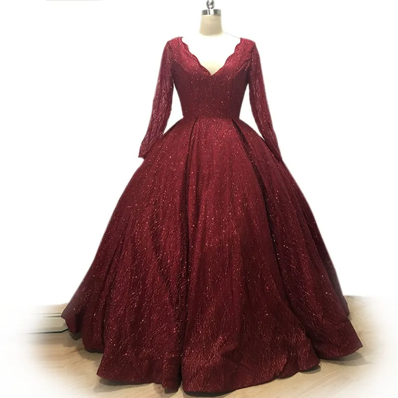 Sparkly Sequined Ball Gown Dresses Dark Red V Neck Evening Prom Dress med långa ärmar dragkedja tillbaka Inget tåg formell quinceanera klänning