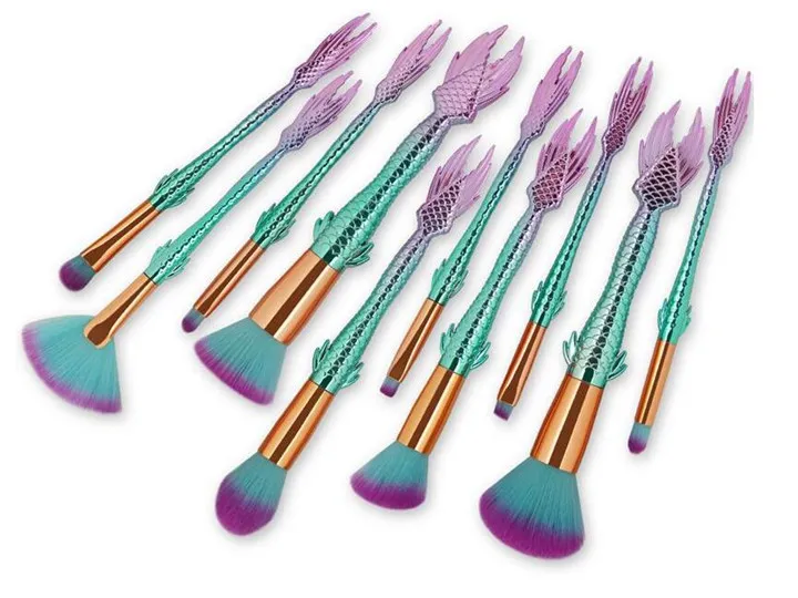 Hot 10st / Set Makeup Brushes Set för kosmetisk ögonskugga Pulver Blush Blending Mermaid Brush Kit med påse