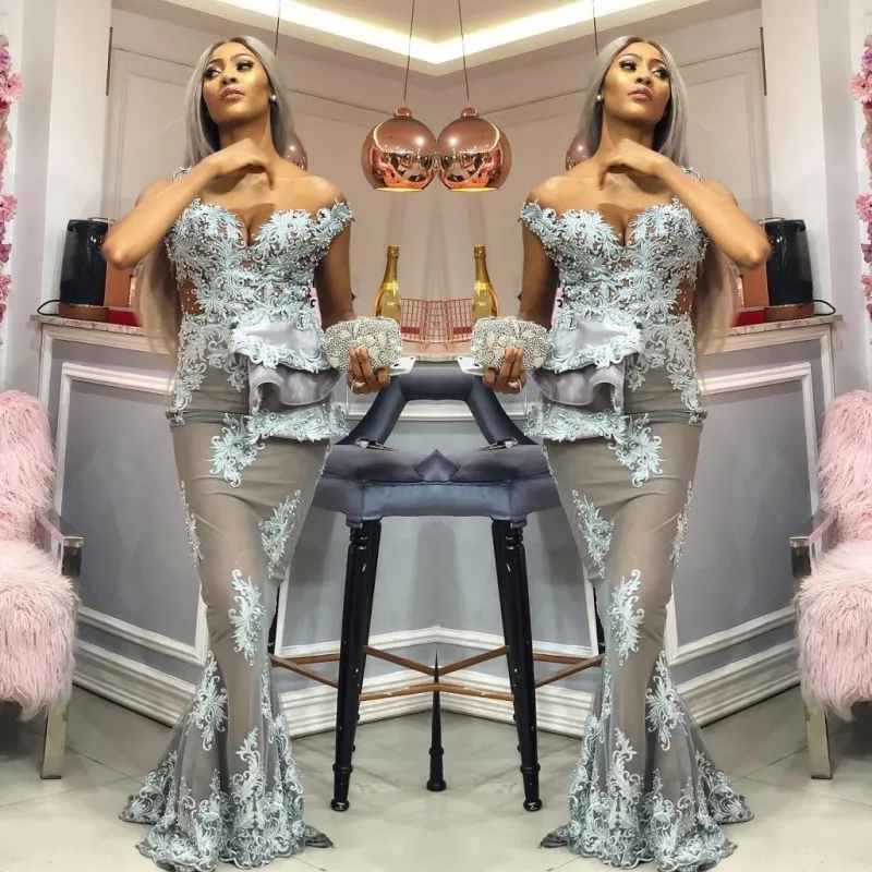 セクシーなAsoebi Mermaidウエディングドレスオフショルダービーズレースアップリケロングパーティーガウン2018プラスサイズの有名人イブニングドレス