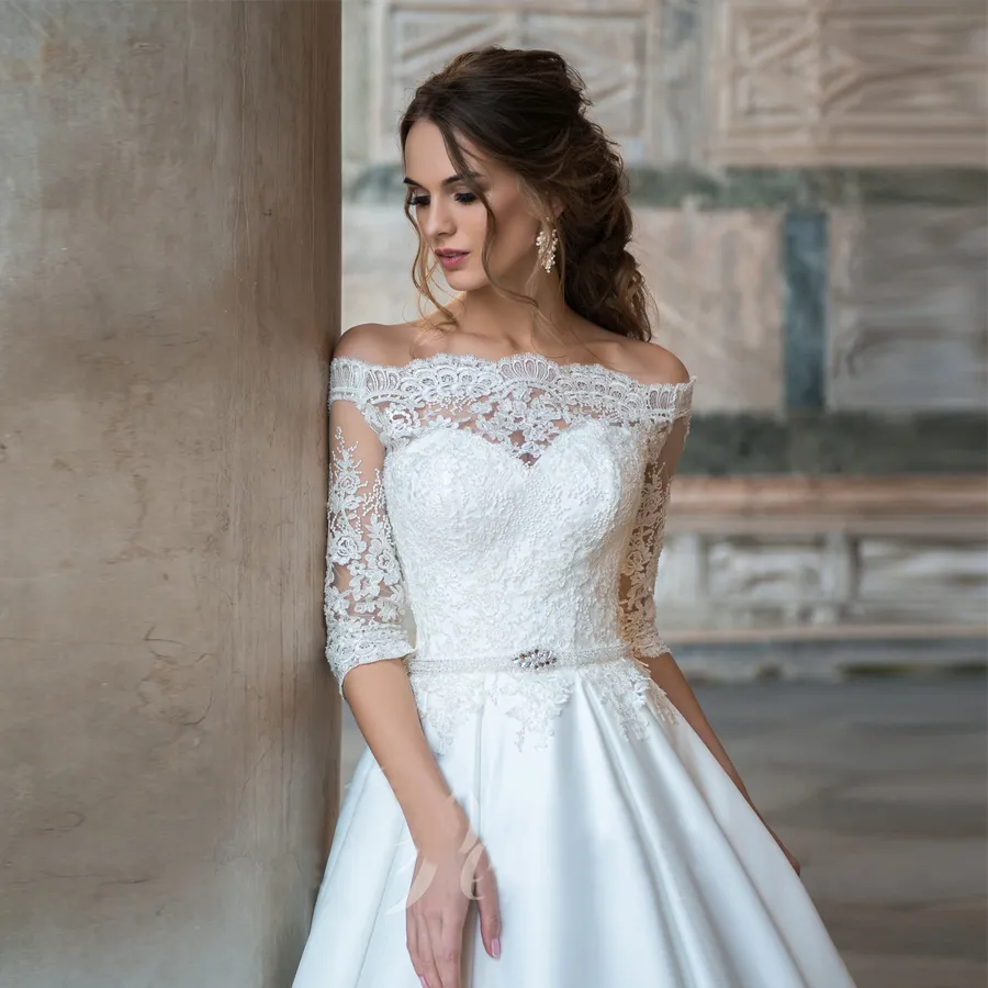 Vestidos de Noiva A-Line кружева свадебное платье с длинными рукавами с плеч в тюль. Пухлые платье невесты Casamento Mariage