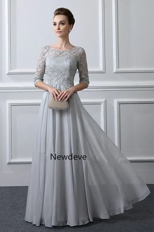 Ruban dentelle mère du marié robes avec manches 3/4 une ligne en mousseline de soie robes d'invité de mariage 2020 mères soirée tenue de soirée