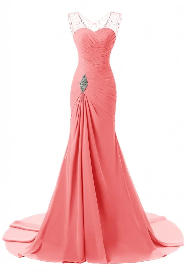 Custom Colors Long Mermaid Evening Dress V Neck Crystals Ruched Chiffon Sleeveless Corset Back Hunter Coral Blue Prom Gowns Sweep Train