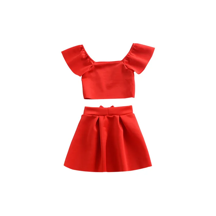 Baby Girls Outfits Ins Off Shoulder Flying Sleeves Top + Bow Plooited Rok 2 stks / set 2018 Zomer Suits Boutique Kinderkleding Sets C4158