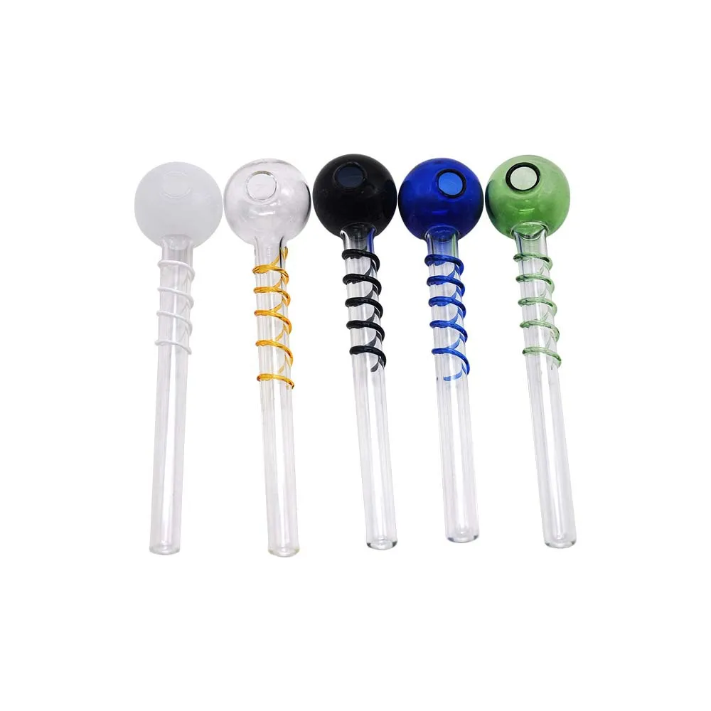 Hot on sale Glass Smoking pipe straight hand pipe with colored spiral oil burners pipe hookah glass oil nail 10cm lenght 30mm ball 