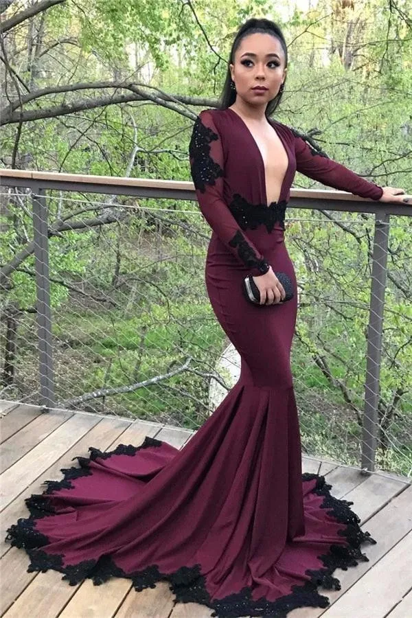 chinese dress ladies Mermaid Burgundy Satin Spaghetti Straps Appliques Long V-neck Evening –  MarryLover main image 1