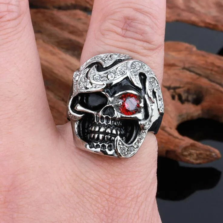 Punk Style Vintage Szkielet Pierścienie Ze Stali Nierdzewnej Czarny Silver Plemię Red CZ oczu Czaszka Odlewanie Męskie Ring