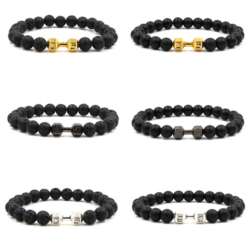 Nieuwe 8mm Lava Rock Dumbbell Frosted Armbanden Goud Zilver Zwart Bangles voor Dames Mannen Gift