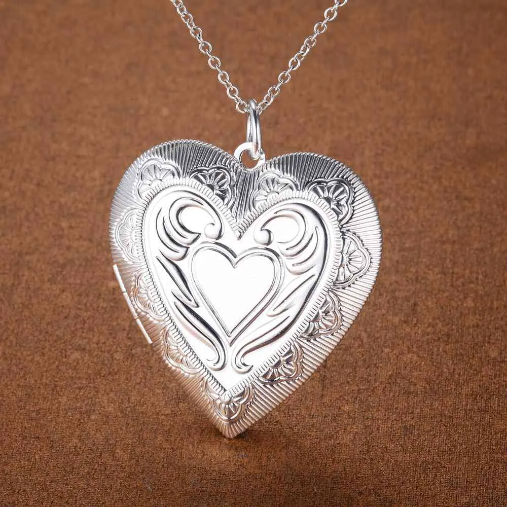 Fabrikspris Partihandel 925 Sterling Silver Plated Heart Pendant Locket Halsband Mode Smycken För Kvinnor Alla hjärtans dag Gratis frakt