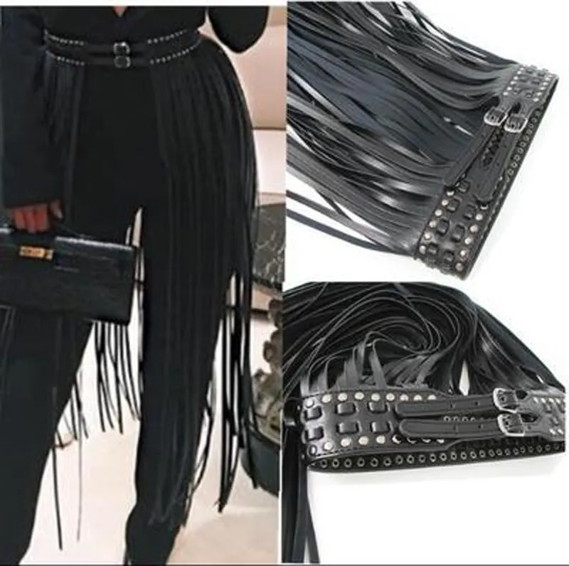 New Long Fringe Waist Belt Black Leather Long Tassels Double