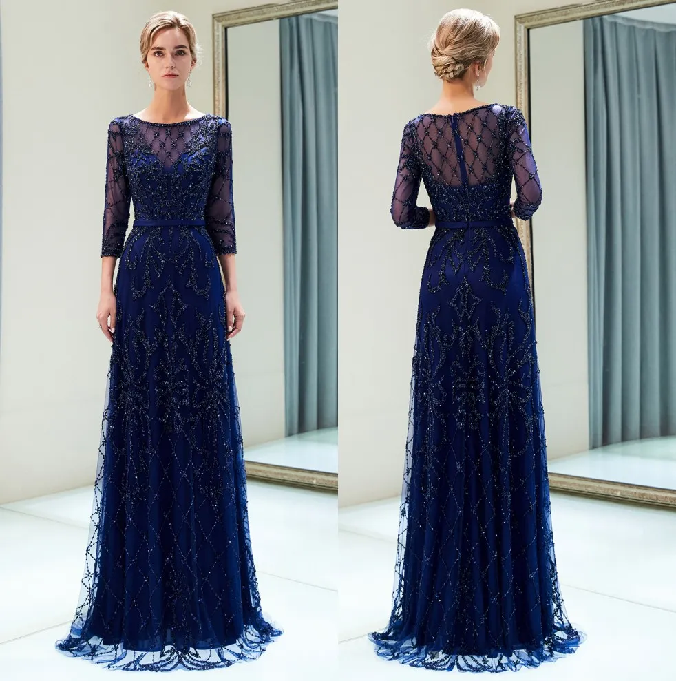 Robes de soirée longues sirène en tulle perlé de luxe 2019 demi-manches paillettes longueur au sol robes de bal de soirée formelles 100% image réelle CPS1181