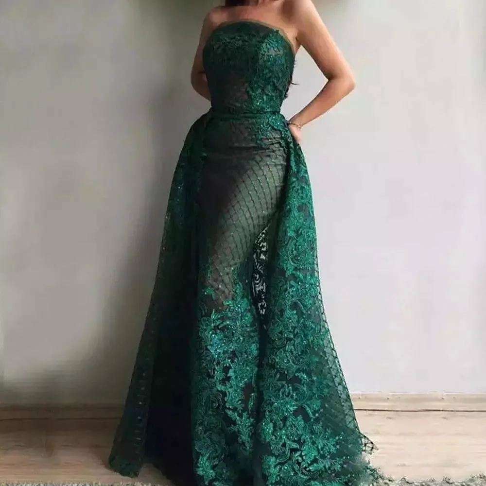 Grön sjöjungfru prom klänningar avtagbara tåg strapless applikationer pärlstav långa kvällsklänningar kändis klänning dubai acric kväll party wear