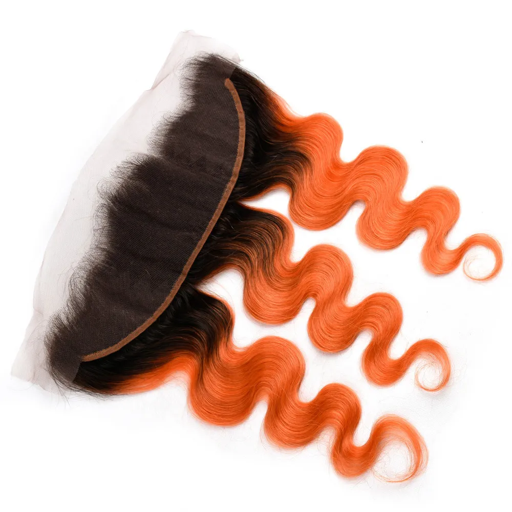 Kroppsvåg # 1b / 350 Orange Ombre Brasilianska Human Hair Weaves With 13x4 Lace Frontal Closure Ombre Orange Virgin Human Hair Weave Bundlar