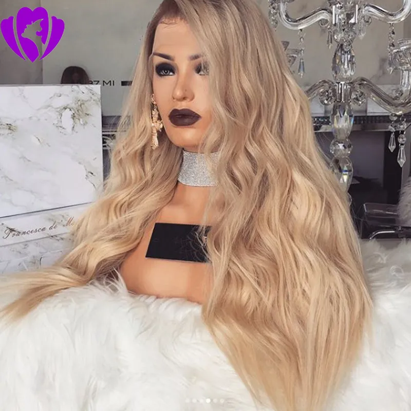 180% densitet 30inches Long Ombre Blond Wig Body Wave Synthetiska Hår Lace Front Paryker Med Naturlig Hårlinje För Svartvita Kvinnor