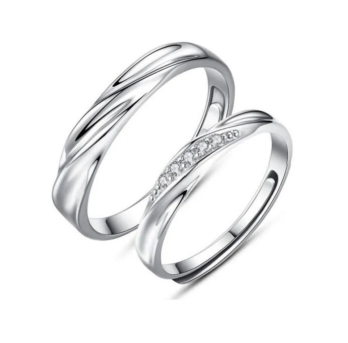 Anillo de pareja de amantes coreanos simples, anillos de boda auténticos de Plata de Ley 925 con ajuste pavimentado para parejas