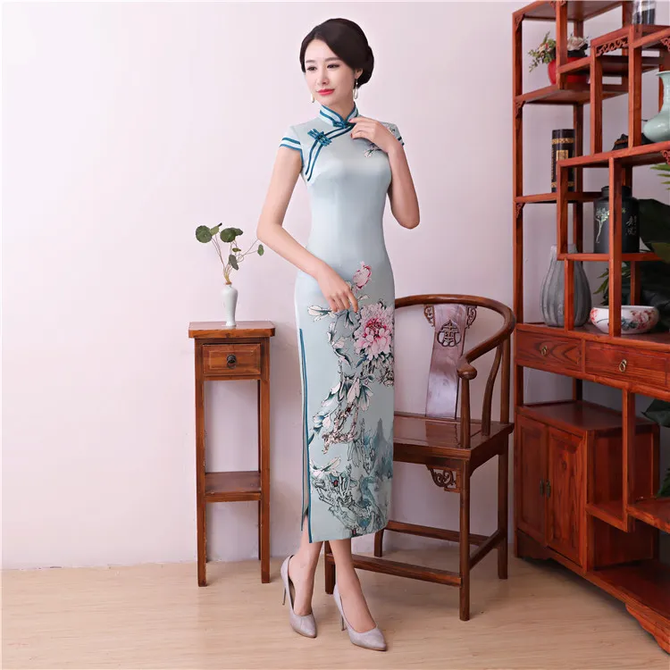 Новый китайский Cheongsam 2020 Мягкая дышащая Высокая шея Традиционная QiPao оболочка Sexy Раздельное вечерние платья для женщин