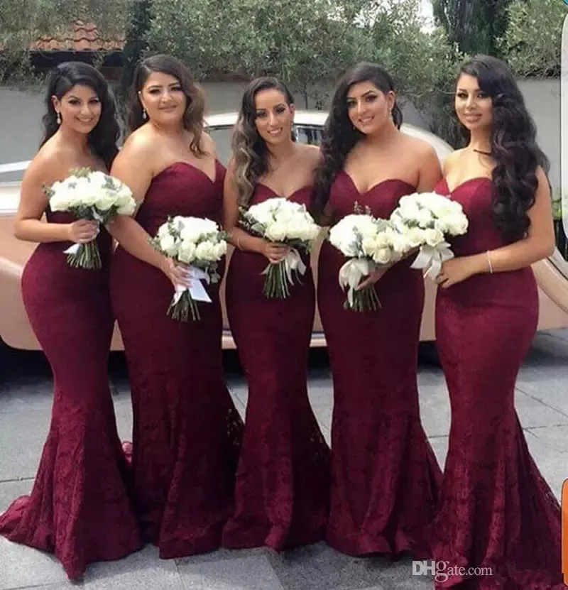 Vestidos largos de dama de honor de sirena de encaje burdeos 2019 Vestido de invitado de boda de dama de honor de vino Vestidos de fiesta de graduación