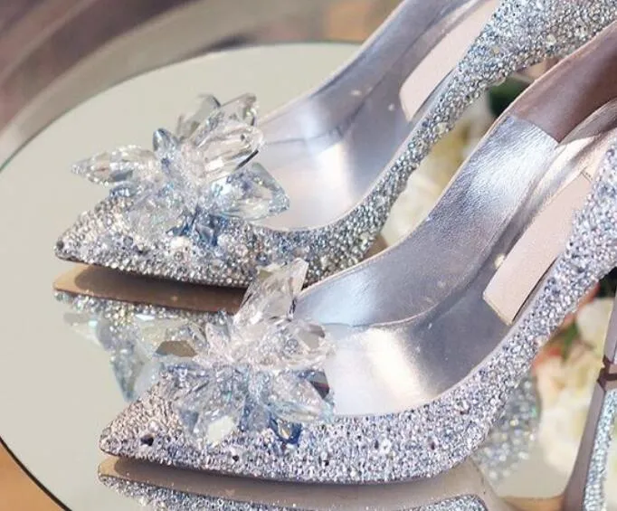 Zapatos de boda nupciales de cristal plateado, Zapatos de tacón alto de cristal ostentosos clásicos, Zapatos de tacón con punta estrecha para Mujer, Zapatos de Mujer