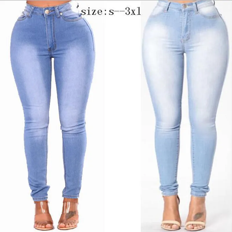 Plus Size Alta Cintura Skinny Jeans Mulheres Pusham Stretch Jeans Denim  Bodycon Lápis Calças Femininas Elastic Pocket Calças