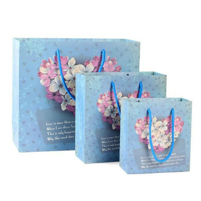 Bolsa de regalo de ramo azul de 3 tamaños, bolsa de papel/tamaño mediano/bolsa de regalo de boda beige con asa, bolsas de regalo para festivales LZ1181