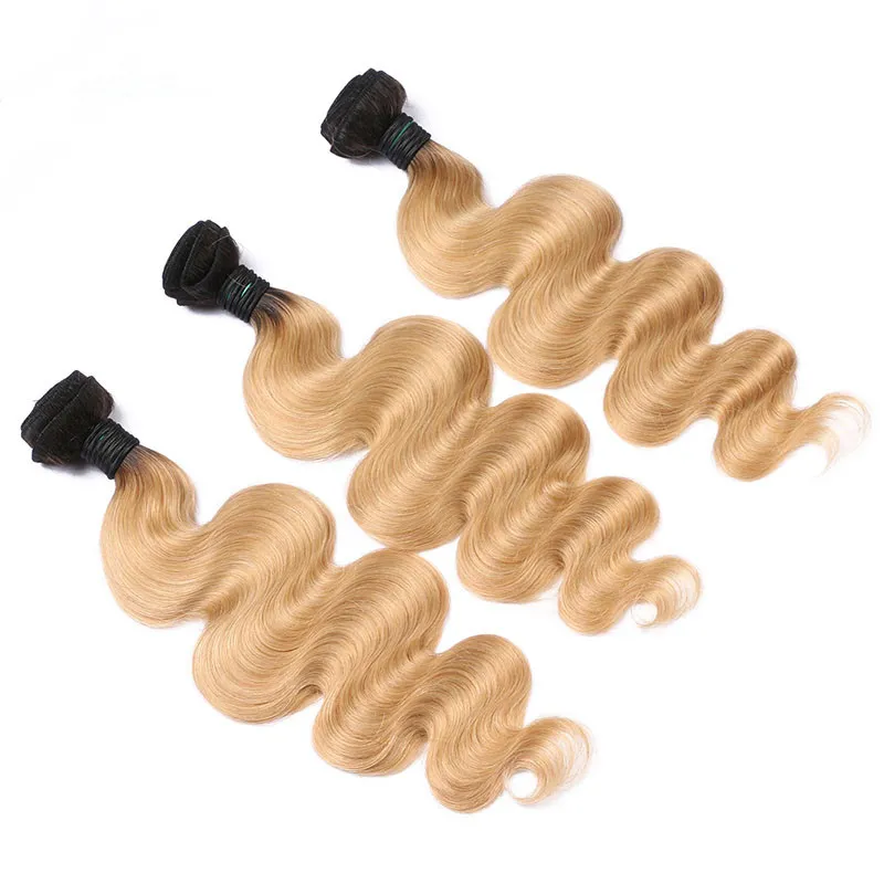 1b / 27 Ombre ljusbrunt mänskligt hår vävbuntar med stängning Honey Blonde Ombre Virgin Indian Hair 3bundles handlar om 4x4 spetsavslutning