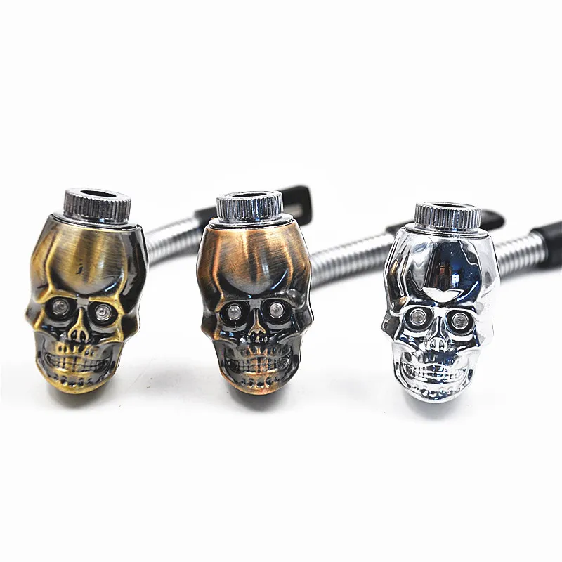 Factory Price skull shape metal smoking pipe 3 colors LED Luminous scalable property metal Tobacco Cigarette rasta reggae pipe