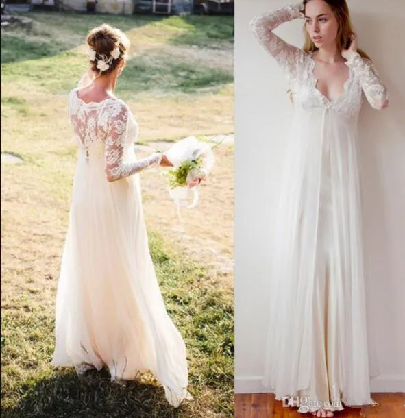 Bohemian Ivory Chiffon Boho Beach Wedding Dress with Lace V-Neck and Floor Length - Sleeved, Long, and Empire-inspired for Beach and Garden Weddings