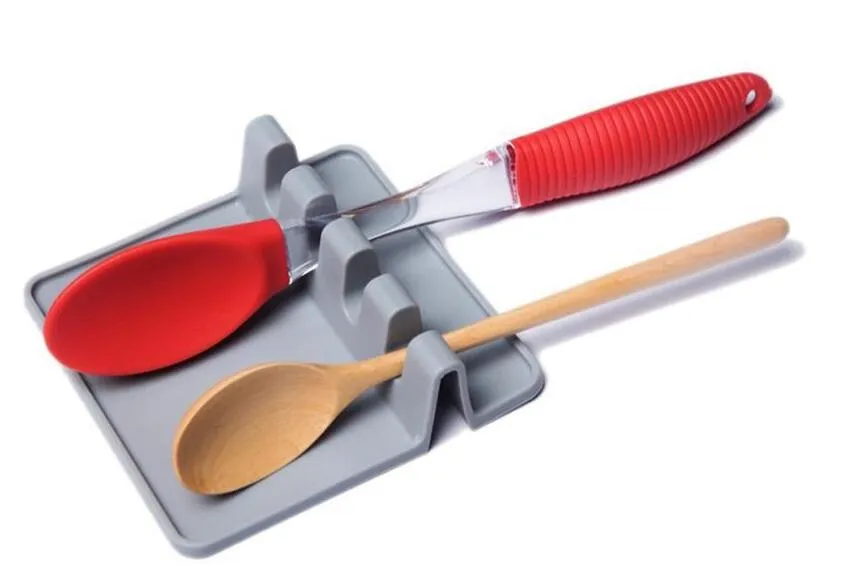 Köksredskap Rest Spoon Pot Pan Lid Pot Shovel Holder Food Grad Silicone Tools Shelf Grey and Green 2670622