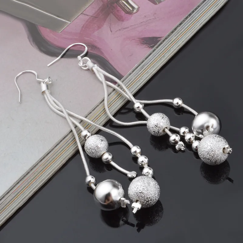 Trendy Wedding Jewelry Women`s Fashion Jewelry 925 Silver Sterling Vintage Dangle Earrings Elegant Stud Three Line Beads Female Earrings