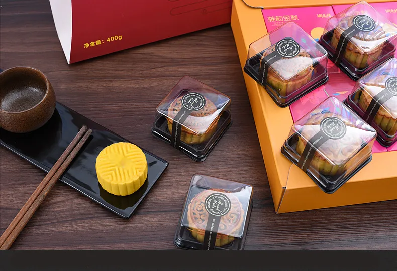 50g moon cake trays moon cake packaging boxes gold black plastic bottom transparent cover