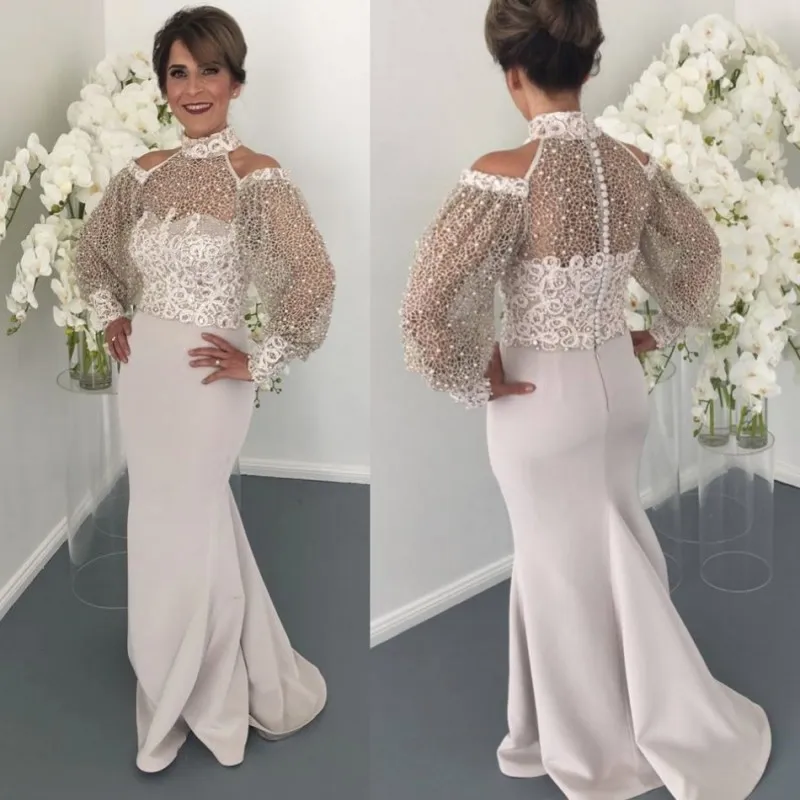 Elegantes, hochgeschlossenes Spitzenkleid für die Brautmutter mit langen Ärmeln, Perlen, Meerjungfrau, Hochzeitsgastkleid, formelle Abendkleider in Übergröße